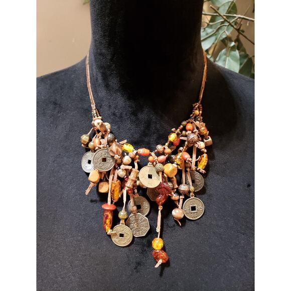Women Boho Multi Coin Stones Beads Suede Cord Charm Cluster Bib Necklace Jewelry - Picture 1 of 7